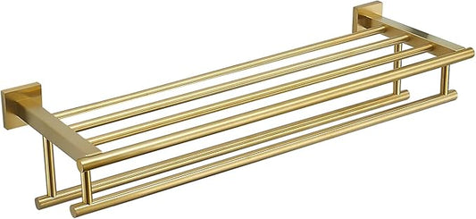 Bathroom Towel Rack with Double Towel Bar Bathroom Hotel Shower Shelf SUS304 Stainless Steel Modern Wall Mounted Holder 28 Inch Brushed Gold