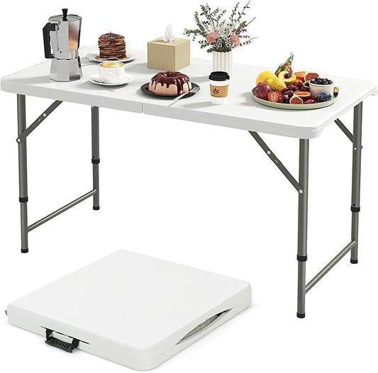 Goplus Portable 4 Foot Plastic Folding Table, 400 LBS Indoor Outdoor Heavy Duty Adjustable Folding Tables with HDPE Tabletop, Carrying Handle, Foldable Utility Card Table for Picnic, Camping, Dining-NeatNest