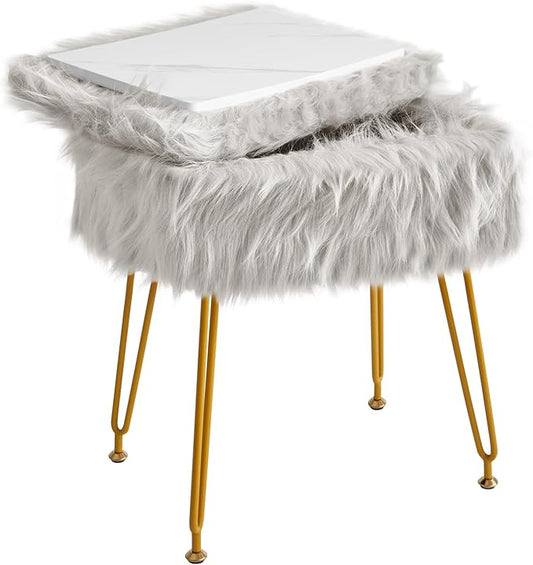IBUYKE Rectangular Faux Fur Vanity Stool with Storage, Furry Makeup Chair Ottoman, Soft Padded Seat, Round Footrest Footstools with 4 Metal Legs, for Living Room Bedroom Entryway, Gray WBD022G