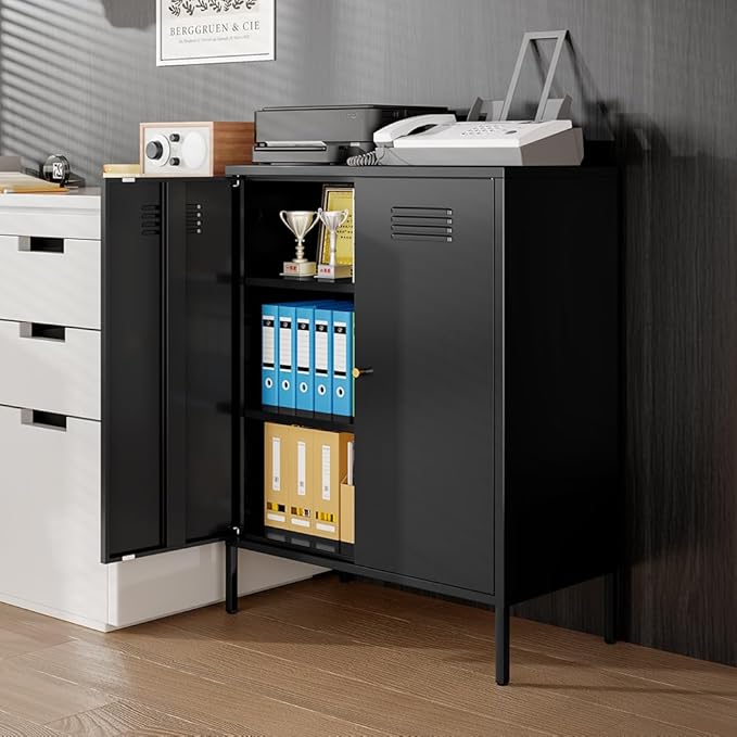 2 Doors Locker Metal Storage Cabinet, Accent Storage Cabinet with Shelves, Freestanding Metal Sideboard for Small Spaces, Living Room, Dining Room, Entryway, Black