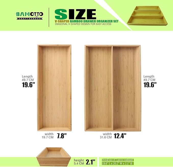 2-Piece V-Shaped Bamboo Drawer Organizer - Ideal for Kitchen's Large Long Tableware, Cooking Utensils, Flatware, Silverware - Wood Storage Box for Home, Bedroom, Bathroom (19.6"x12.4" & 19.6"x7.8")-NeatNest