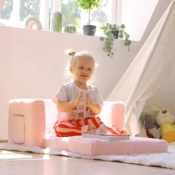 ALIMORDEN 2-in-1 Flip Out Cuddly Sherpa Toddler Couch Convertible Sofa to Lounger, Pink-NeatNest