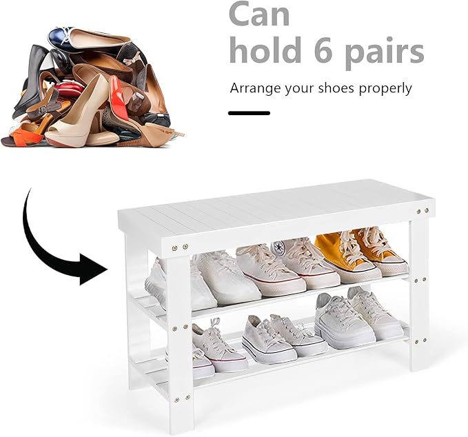 Giantex Entryway Shoe Bench, Bamboo Shoe Shelf Organizer Holds up to 6 Pairs, 3-Tier White Shoe Storage Rack Heels, Slippers for Entry, Living Room, Bathroom (White)