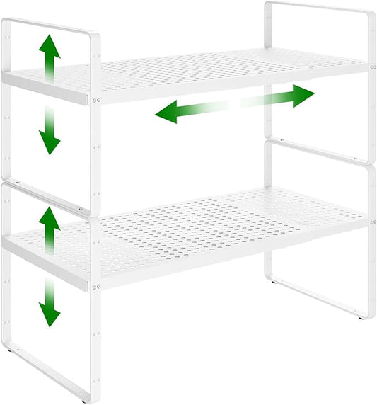 Expandable Kitchen Cabinet Shelf Organizer Rack Heavy Duty Metal Spice Rack Stackable Kitchen Counter Storage Shelf for Cabinet Pantry Bathroom (White- 16.5"-27" L x 8" W x 9.6" H - 2Pack)-NeatNest
