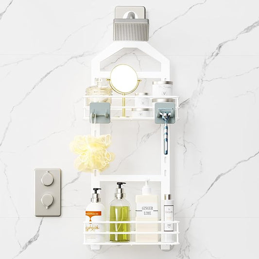 Orimade Adjustable Anti-slip Shower Caddy Over Shower Head, Rustproof Bathroom Hanging Shower Organizer With 2 Hooks for Razor, 2 Tier Shelves Storage Rack, White