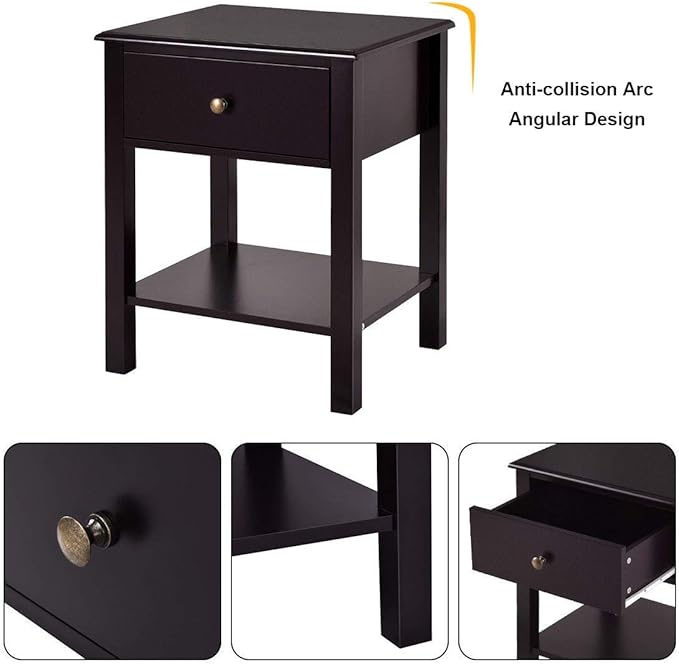 Giantex Nightstand Set of 2, 2-Tier End Table with Drawer and Open Storage Shelf, Modern Bedside Tables, Wooden Side Table Night Stand for Bedroom, Dorm, Small Spaces, Easy Assembly, Espresso