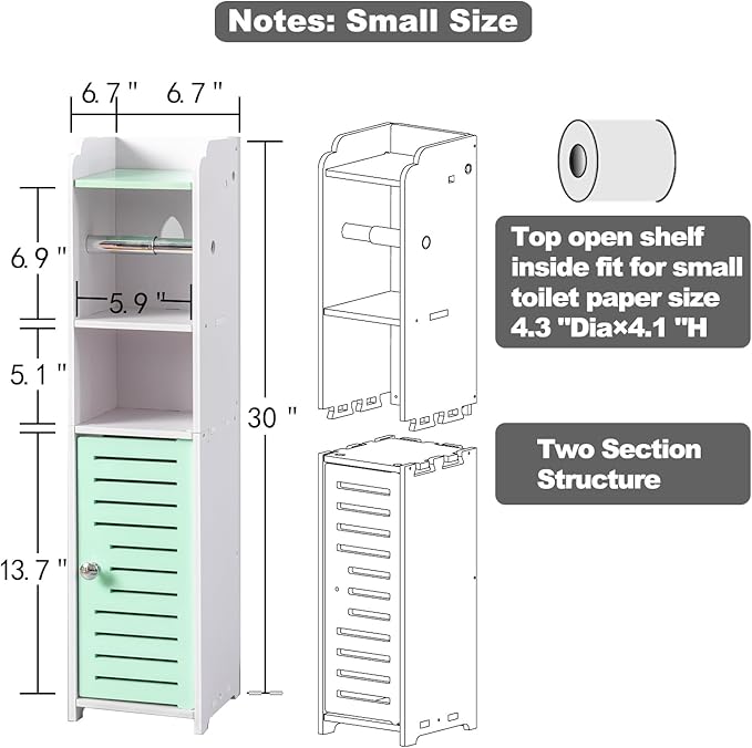 AOJEZOR Toilet Paper Holder Stand: Small Bathroom Storage Cabinet - Mint Green - White-NeatNest