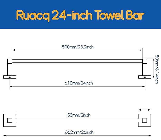 RUACQ Towel Bar 24inch, Towel Racks for Bathroom, 304 Stainless Steel Towel Holder Wall Mounted, Heavy Duty Bathroom Decor Towel Rod (Matte Black)