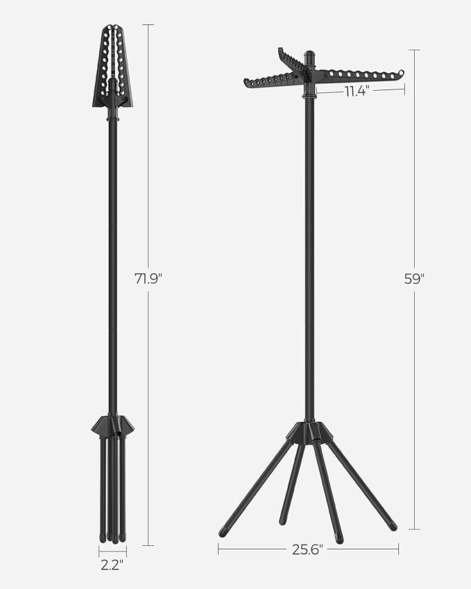 SONGMICS Clothes Drying Rack, 59-Inch Folding Laundry Drying Rack with 3 Rotatable Arms for Hangers, 4 Legs, Stainless Steel, for 27 Pieces of Clothes, Black ULLR510B01