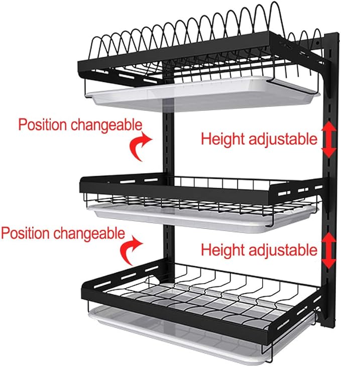 junyuan Hanging Dish Drying Rack Wall Mount,Dish Racks Drainer,3 Tier Kitchen Plate Organizer Storage Shelf with Drain Tray with 3 Hooks,Stainless Steel Black Large Ajustable Height
