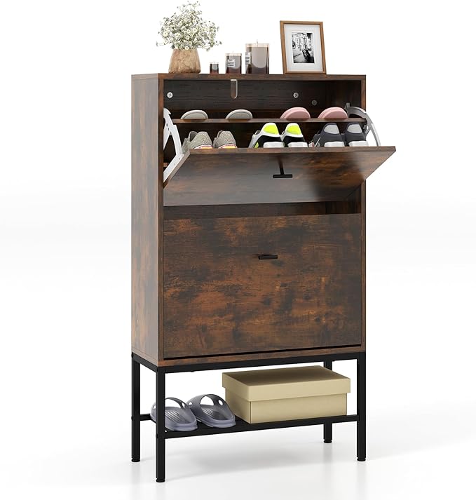 LOKO Industrial Shoe Storage Cabinet, Freestanding Shoe Organizer with 2 Flip Drawers, Adjustable & Removable Interior Shelves, Narrow Shoe Rack Cabinet for Entryway, Hallway, Rustic Brown-NeatNest