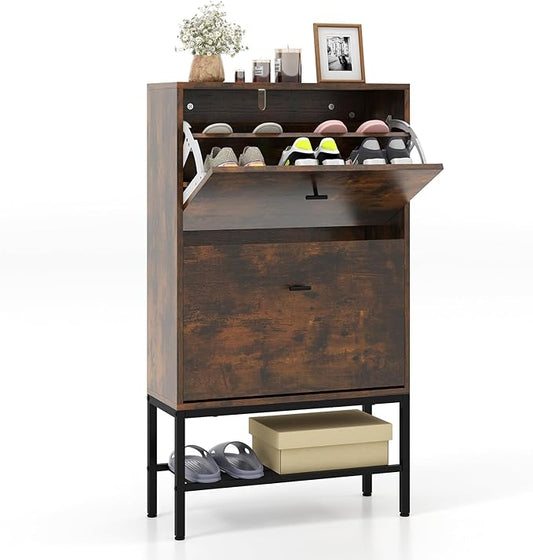 LOKO Industrial Shoe Storage Cabinet, Freestanding Shoe Organizer with 2 Flip Drawers, Adjustable & Removable Interior Shelves, Narrow Shoe Rack Cabinet for Entryway, Hallway, Rustic Brown-NeatNest