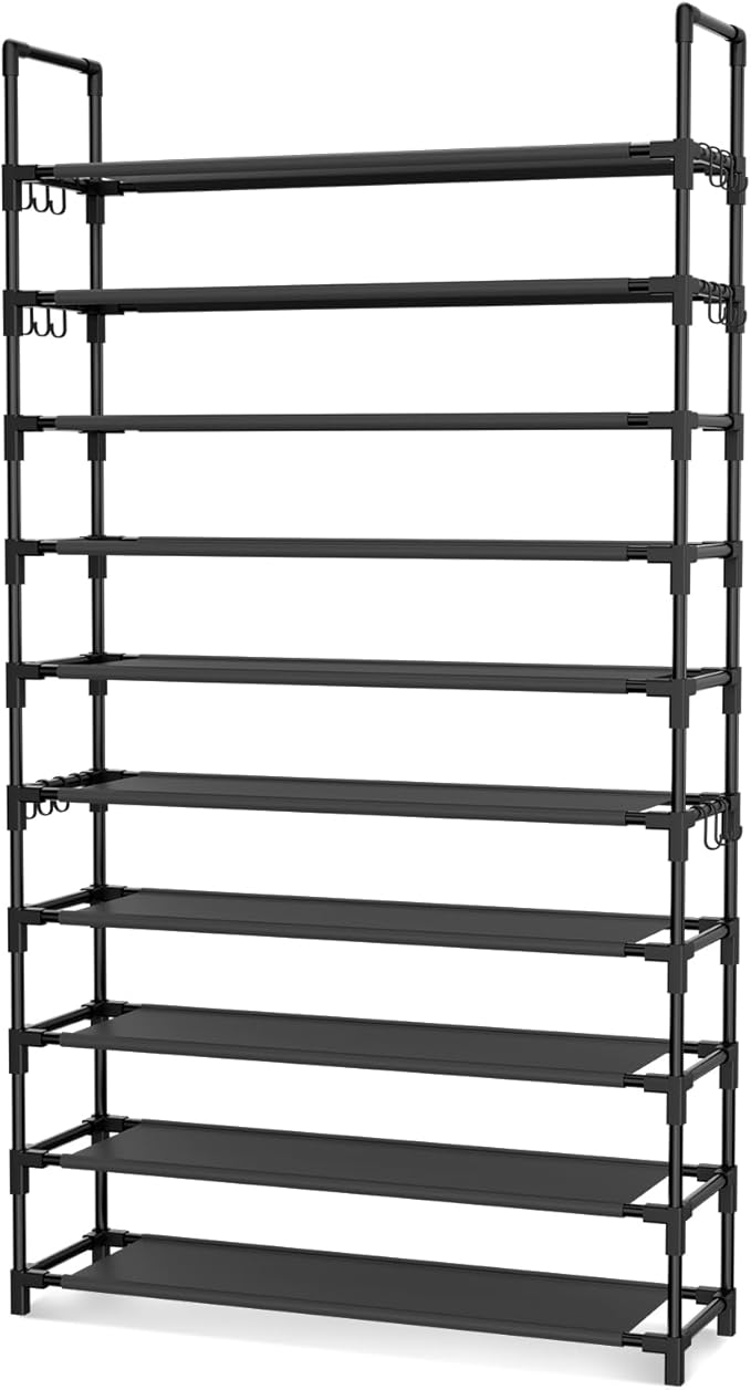 Tall Shoe Rack 10 Tier Shoe Organizer Large Shoe Shelf with 18 Hooks Storage for 50 Pair Sneaker and Boot, Stackable Vertical Shoe Rack Organizer for Closet, Entryway, Bedroom-NeatNest