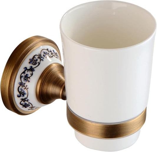 Antique Bronze Brass Toothbrush Holder Cup Holder with White Ceramic Tumbler, Wall Mounted Bathroom Hardware Accessories,Porcelain Design