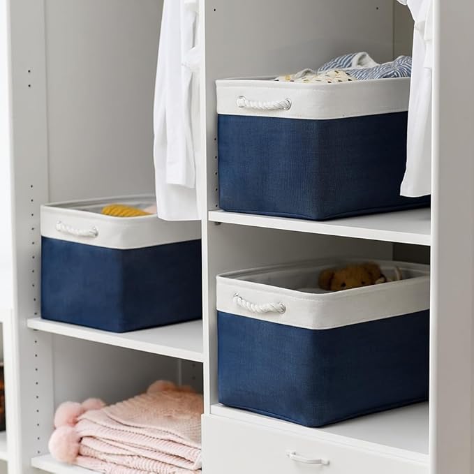 TheWarmHome Organization and Storage for Organizing - 3 Pack 16x12x12 inch Cube Storage Bin for Shelves, Fabric Storage Cubes for Closet Cloth Organizer Gift Toy (White & Jean Blue)-NeatNest