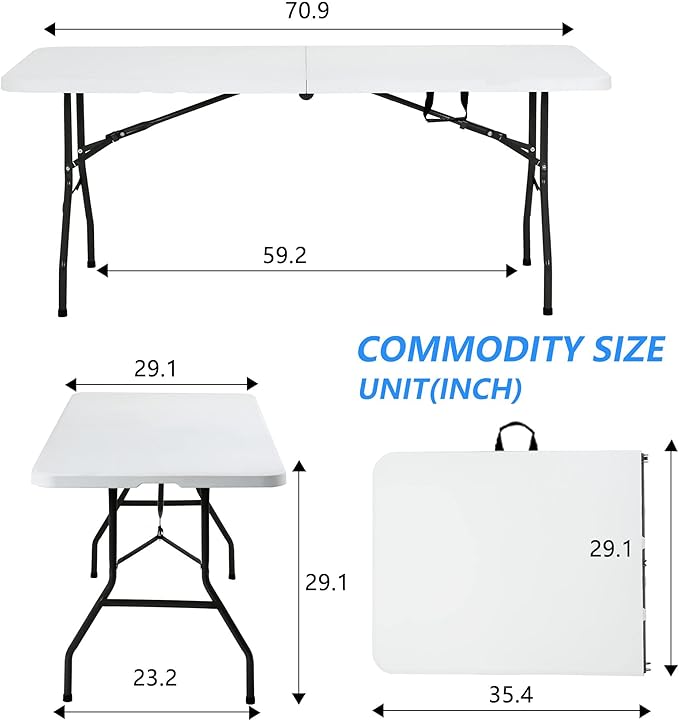 Camping Table Plastic Picnic Table Office Table for Parties Wedding Camping Office with Carrying Handle (White, 6 FT)-NeatNest