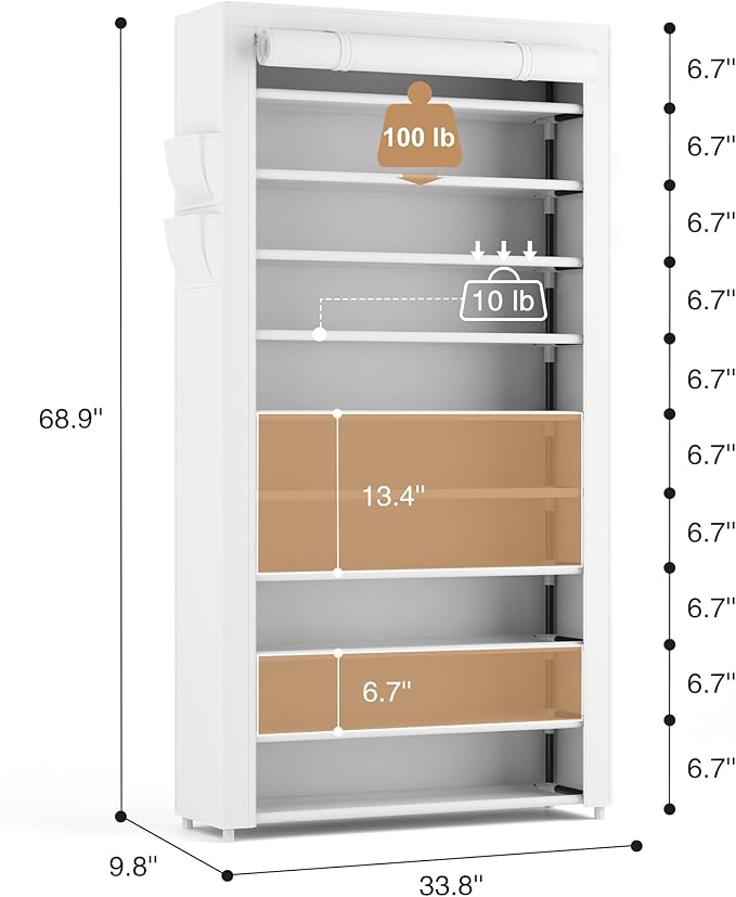 ROJASOP Shoe Rack with Covers 10 Tier Large Shoe Organizer Tall Shoe Closet Storage for 50-55 Pairs Shoe and Boot, Free Standing Shoe Rack Organizer for Closet, Entryway, Bedroom, White-NeatNest