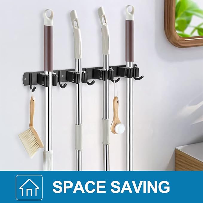 IMILLET 2 Pack Broom and Mop Holder Wall Mounted, Broom Holder Stainless Steel Broom Organizer Heavy Duty Tools Organizer Self Adhesive for Laundry Room Garage Garden（4 Racks and 5 Hooks）-NeatNest