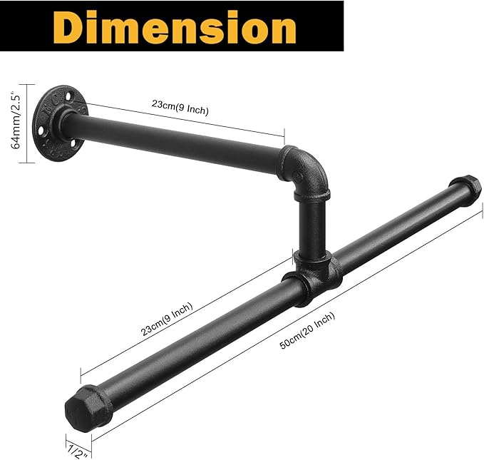 Industrial Pipe Clothes Rack Floating DIY Wall Mounted, Heavy Duty Rustic Vintage Clothing Rod, Metal Garment Bar Space-Saving Hanging for Bedroom, Bathroom and Laundry Room (Black)-NeatNest
