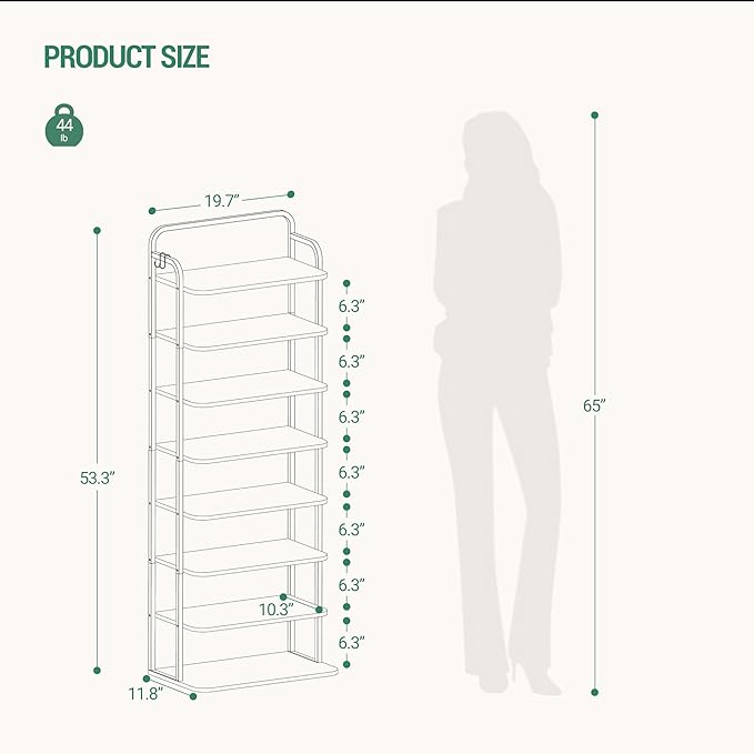 8 Tiers Widened Vertical Shoe Rack, Narrow Shoe Tower, Tall Shoes Shelf with 2 Hooks, Adjustable Shelves, Corner Shoes Shelves for Small Spaces, Entryway, Living Room, Rustic Brown SR12501B-NeatNest