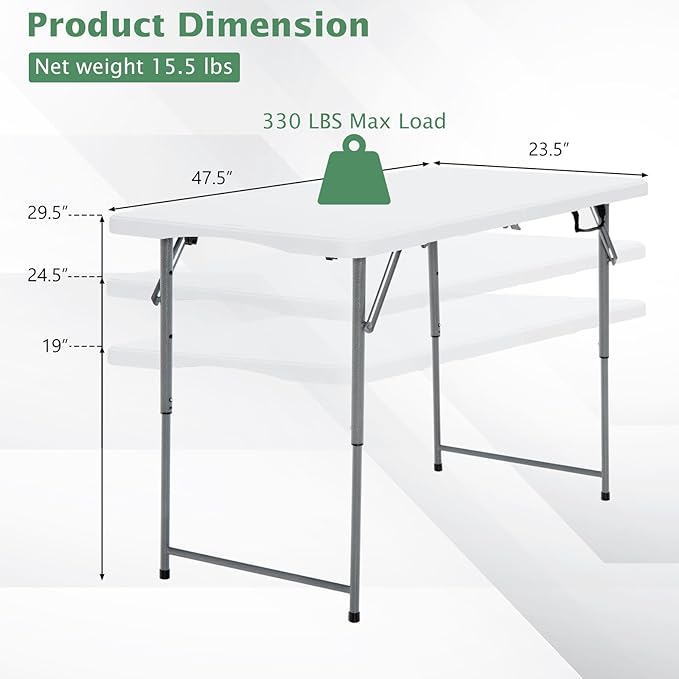 GYMAX Folding Table, 4FT Portable Plastic Picnic Table with 3 Adjustable Height & Handle, Fold-in-Half 330LBS Heavy Duty Foldable Table for Indoor Outdoor Party, Wedding, Camping, Dining-NeatNest