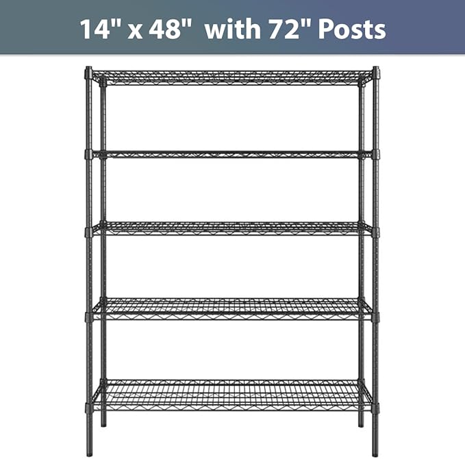 14" x 48" NSF Black Epoxy 5-Shelf Kit with 72" Posts, Commercial Storage Rack Unit, Heavy Duty Storage Shelving, Wire Shelving Kit, Adjustable Rack Strong Steel, Multipurpose Wire Shelf