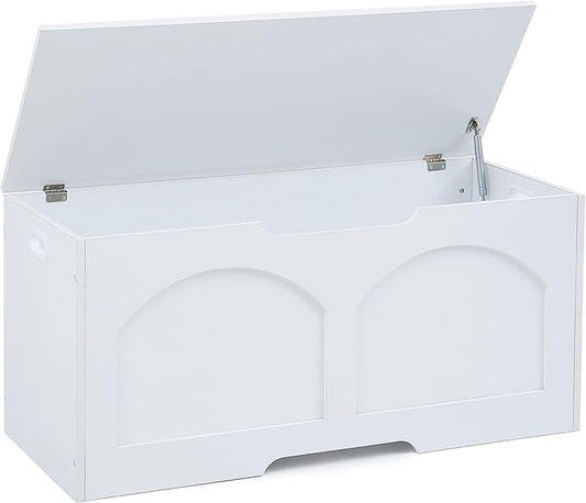 39.4" Storage Chest, Wooden Storage Bench Trunk, Upgraded Safety Lift Support Hinge, Large Entryway Bench Box, Supports 330 lb U-Shaped Opening for Entryway, Hallway, Living Room, White