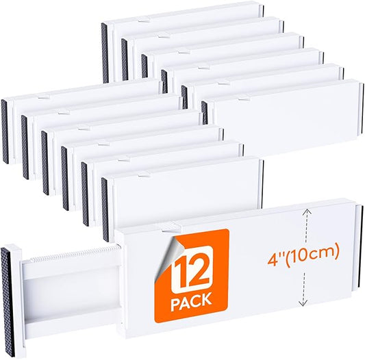 Lifewit 12 Pack Drawer Dividers 4" High,11-17" Adjustable Dresser Drawer Organizers for Clothes, Expandable Dresser Separators in Bedroom/Bathroom/Kitchen/Vanity/Office Organization and Storage, White-NeatNest