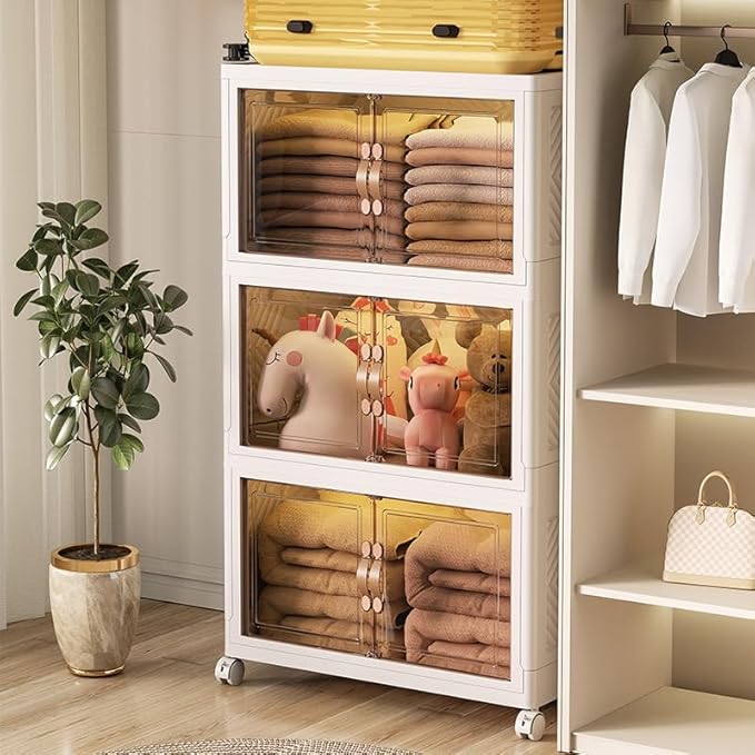 208 QT / 52 Gal Stackable Collapsible Storage Bins with Magnetic Doors & Wheels - Space-Saving Plastic Organizer Cabinet for Closet, Office, Home (White)-NeatNest