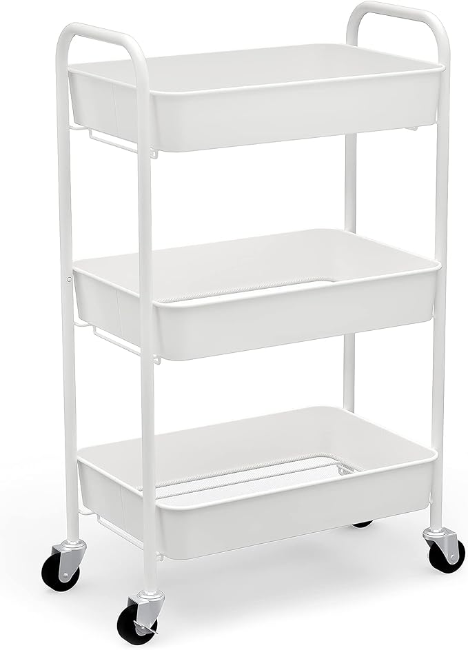 CAXXA 3-Tier Rolling Metal Storage Organizer - Mobile Utility Cart Kitchen Cart with Caster Wheels, White-NeatNest
