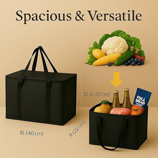 2-Pack, XL-Large Insulated Grocery Shopping Bags, Black, Reusable Bag,Thermal Zipper,Collapsible,Tote,Cooler,Food Transport hot and Cold,Camping, delivery Groceries Freezer-NeatNest