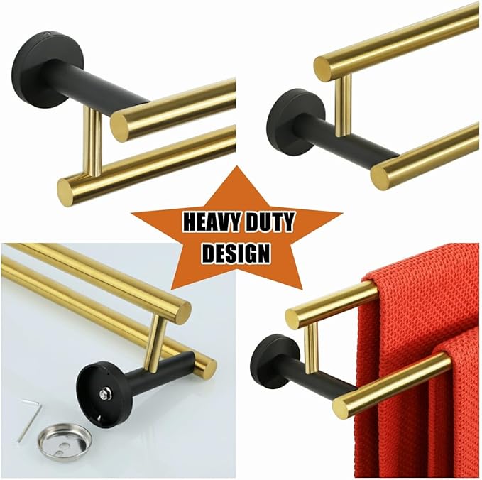 Alise Double Bath Towel Bars,24 Inch Towel Racks for Bathroom,SUS304 Stainless Steel Towel Holder,Towel Holder Wall Mount,Toilet Kitchen Towel Rod,Brushed Gold and Black Finish Towel Rail,GYT6902-GB