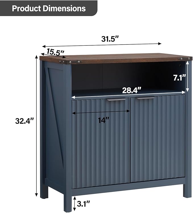 32 Inch Fluted Sideboard Buffet Cabinet with Storage, Modern Farmhouse Accent Credenza with Adjustable Shelves, Coffee Wine Bar Organizer for Kitchen, Entryway, Living Room, Navy Blue