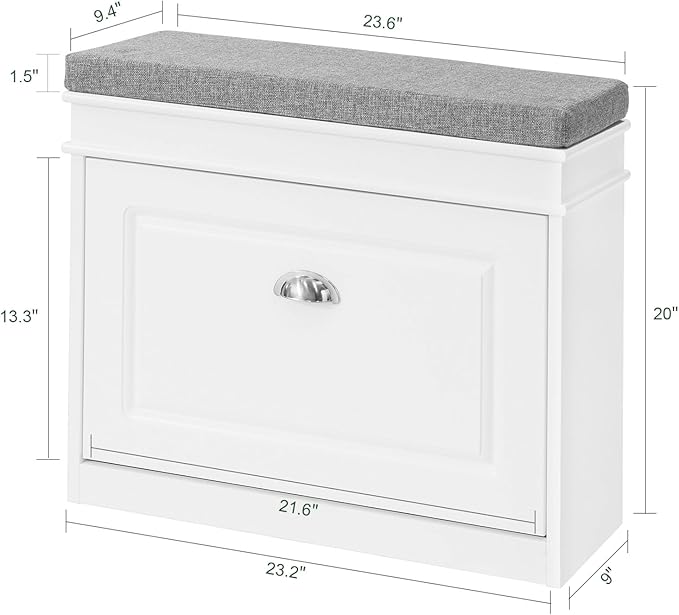 Haotian White Hallway Shoe Bench, Narrow Shoe Rack Entryway, Small Shoe Cabinet with 1 Flip-Drawer and Seat Cushion, FSR82-K-W-NeatNest