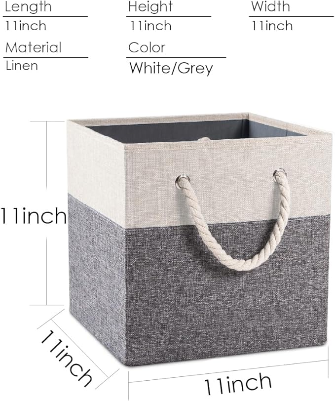 PRANDOM Large Foldable Cube Storage Bins 11x11 inch [4-Pack] Fabric Linen Storage Baskets Cubes Drawer with Cotton Handles Organizer for Shelves Nursery Closet Bedroom White and Grey-NeatNest
