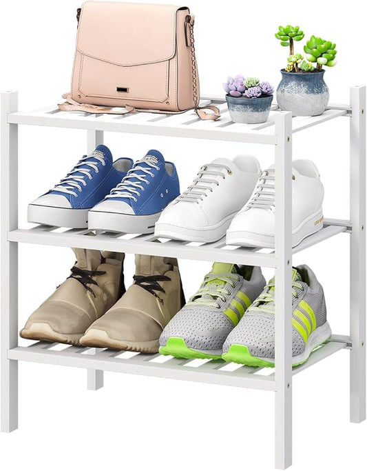 Small Shoe Rack for Entryway, White Shoe Organizer for Closet, Bamboo Wood Standing Shoe Shelf for Indoor Outdoor (White, 3-Tier_Samll)-NeatNest