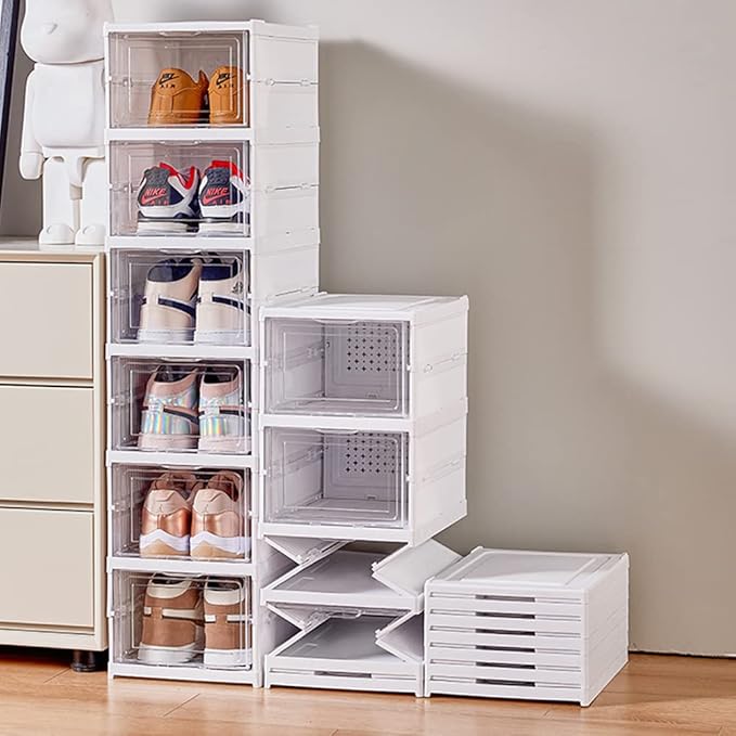 Shoe Rack Shoe Storage Box Bins Clear Collapsible Plastic Installation-Free Size up to 14, Stackable Foldable Tote with Lids Organizing Dustproof 6-Tiers-NeatNest