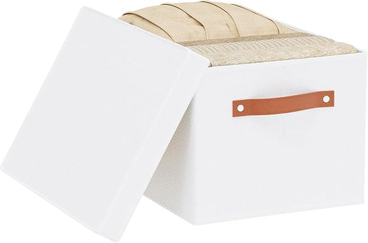 Fabric Storage Bins, Clothes Boxes for Shelves with Lids, 1 Pack Baskets for Organizing with Handles, Decorative Linen Closet Organizers, White, 16.5 x 11.8 x 10.2 Inch-NeatNest