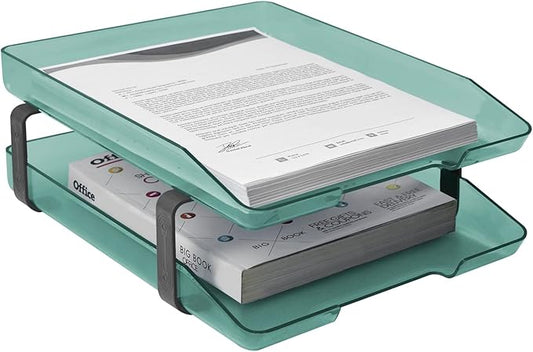 Acrimet Traditional 2 Tier Letter Tray, Front Load Design, A4 Letter Size, Desktop Organizer (Plastic) (Clear Green Color)-NeatNest