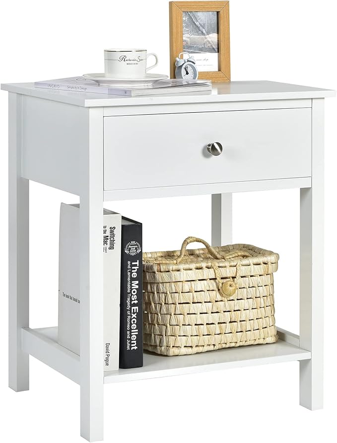 Giantex Nightstand, Wood End Table with Drawer and Open Shelf, Night Stand for Small Spaces, 2-Tier Bedside Table for Living Room Bedroom Dorm, Easy Assembly, White