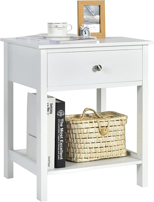 Giantex Nightstand, Wood End Table with Drawer and Open Shelf, Night Stand for Small Spaces, 2-Tier Bedside Table for Living Room Bedroom Dorm, Easy Assembly, White