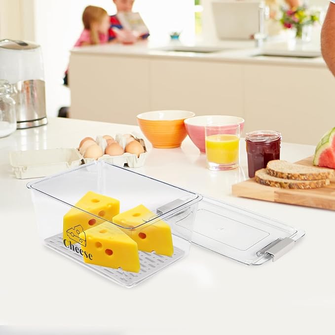 Cheese Container Airtight with Draining Basket Cream Cheese Sliced Cheeses Box with Lid Saver for Fridge Cheeses Keeper Cream Block Shredded Storage Box Saver (Clear - 2 Pack)-NeatNest