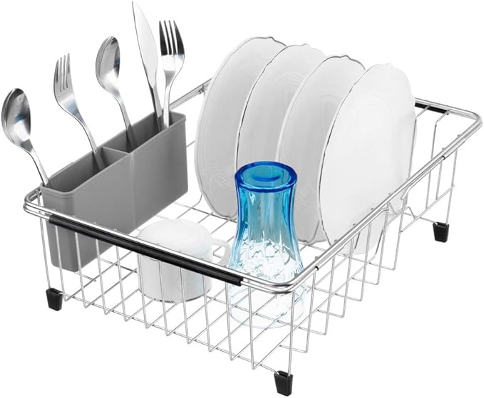 SANNO Plastic Utensil Silverware Storage Holder Caddy,Fit Kitchen Sink Drying Rack, Microfiber Dish Mat, Dish Drying Mat (Gray)-NeatNest
