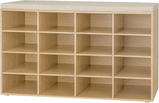 DINZI LVJ Shoe Storage Bench with Cushion, 16-Cubby Shoe Rack, Adjustable Shelves, 40.9" Long Shoe Organizer Bench for Entryway, Mudroom, Hallway, Garage, Natural and Cappuccino Beige-NeatNest