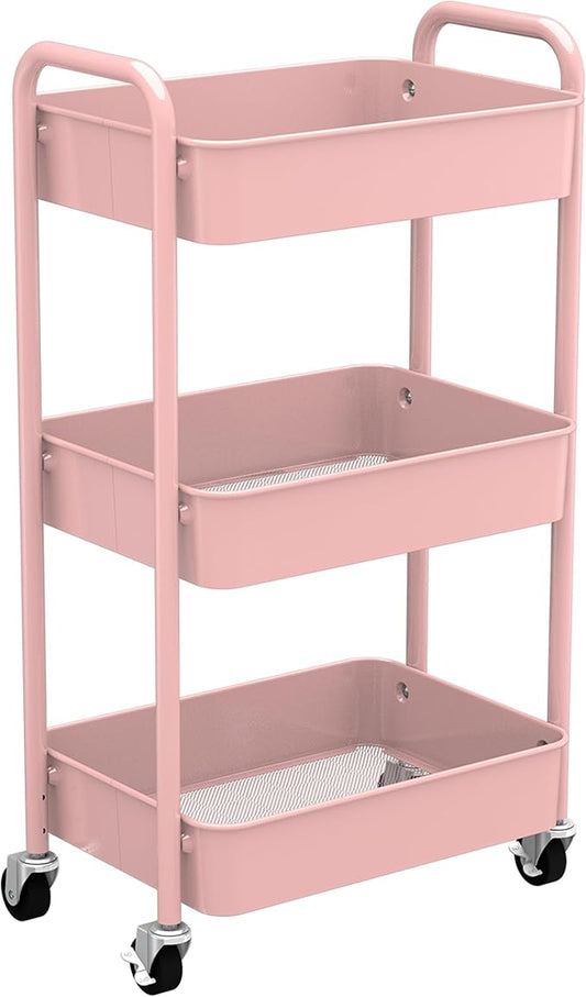 CAXXA 3-Tier Rolling Metal Storage Organizer - Mobile Utility Cart with Caster Wheels, Pink-NeatNest
