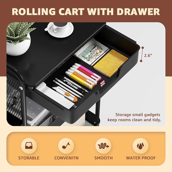 3 Tier Rolling Cart with Drawer, Metal Rolling Utility Cart on Wheels with Pegboard, Art Cart Storage Organizer with Tabletop for Living Room, Office, Bedroom (Black)-NeatNest