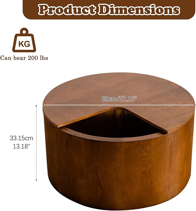 27.16" Round Coffee Table with Storage Modern Handcraft Drum Coffee Table Circle Wood Accent Center Table Small Side Table for Living Room Apartment, Small Space (Round Walnut)