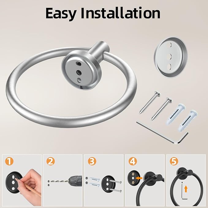 Brushed Silver Towel Ring 2Pack, SUS304 Stainless Steel Hand Towel Holder for Bathroom Kitchen, Modern Style Towel Hanger, Thicken Ring Towel Holder, Towel Rack Round Wall Mounted (2, Brushed Silver)-NeatNest