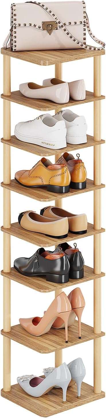 LUCKNOCK Vertical Shoe Rack, 8-Tier Tall Narrow Shoe Organizer for Entryway, Closet, Dorm & Small Spaces, Freestanding Wooden Shoe Shelf Tower for Boots, Sneakers, Heels. (Walnut)-NeatNest