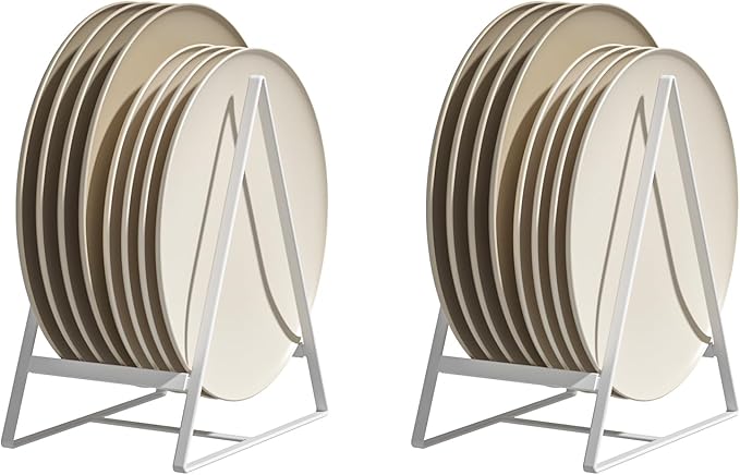 2 Pack Triangle Plate Holders Organizers Large Upright Cabinet Dish Drying Racks Metal Plate Dish Organizers Racks Stands for Countertop and Cupboard White